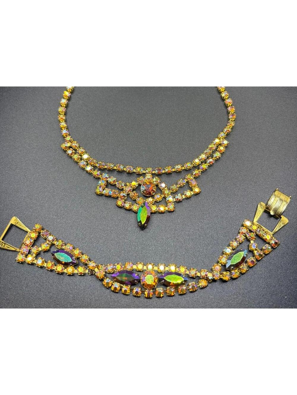 Vintage AB and Topaz Rhinestone Necklace and Bracelet SET